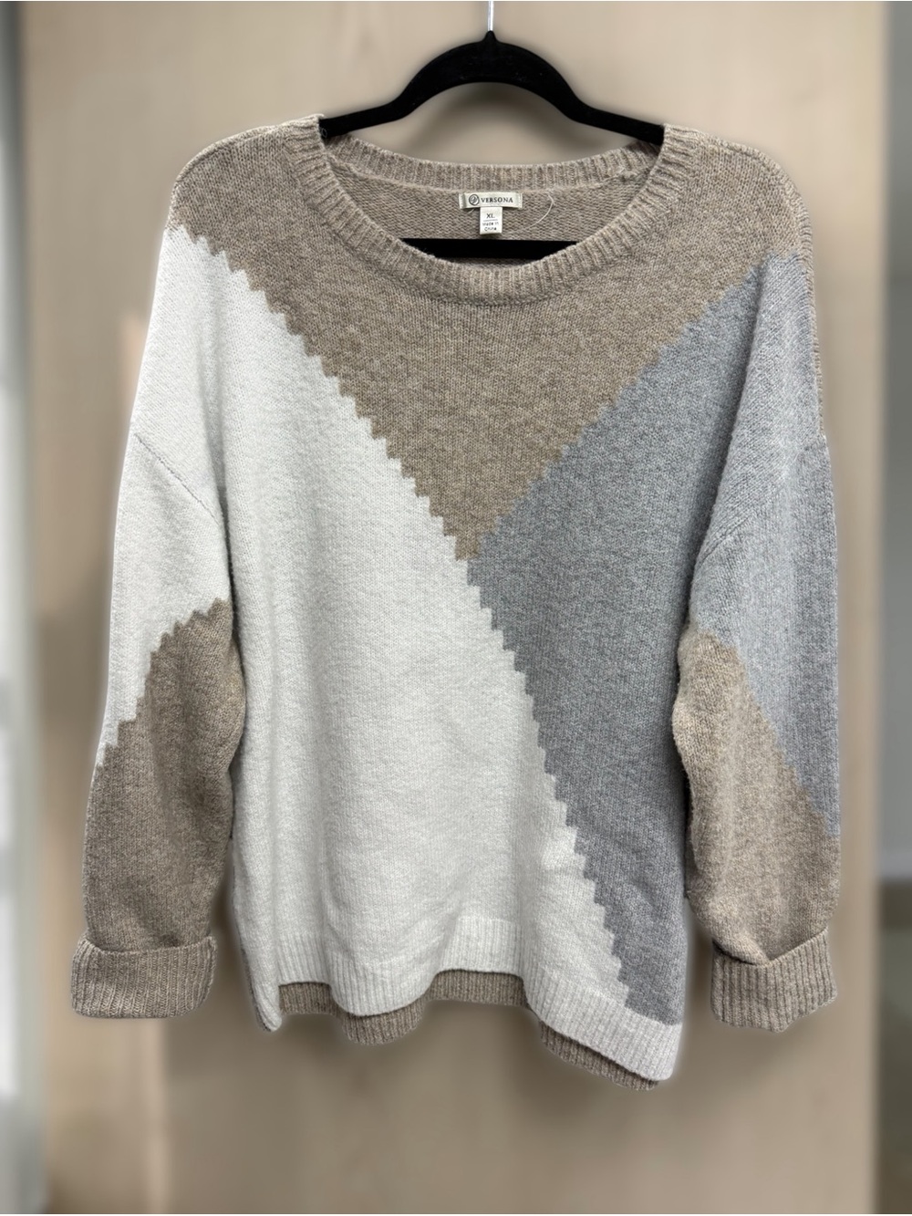 Versona Colorblock Crewneck Sweater Cream Soft Longsleeve XL